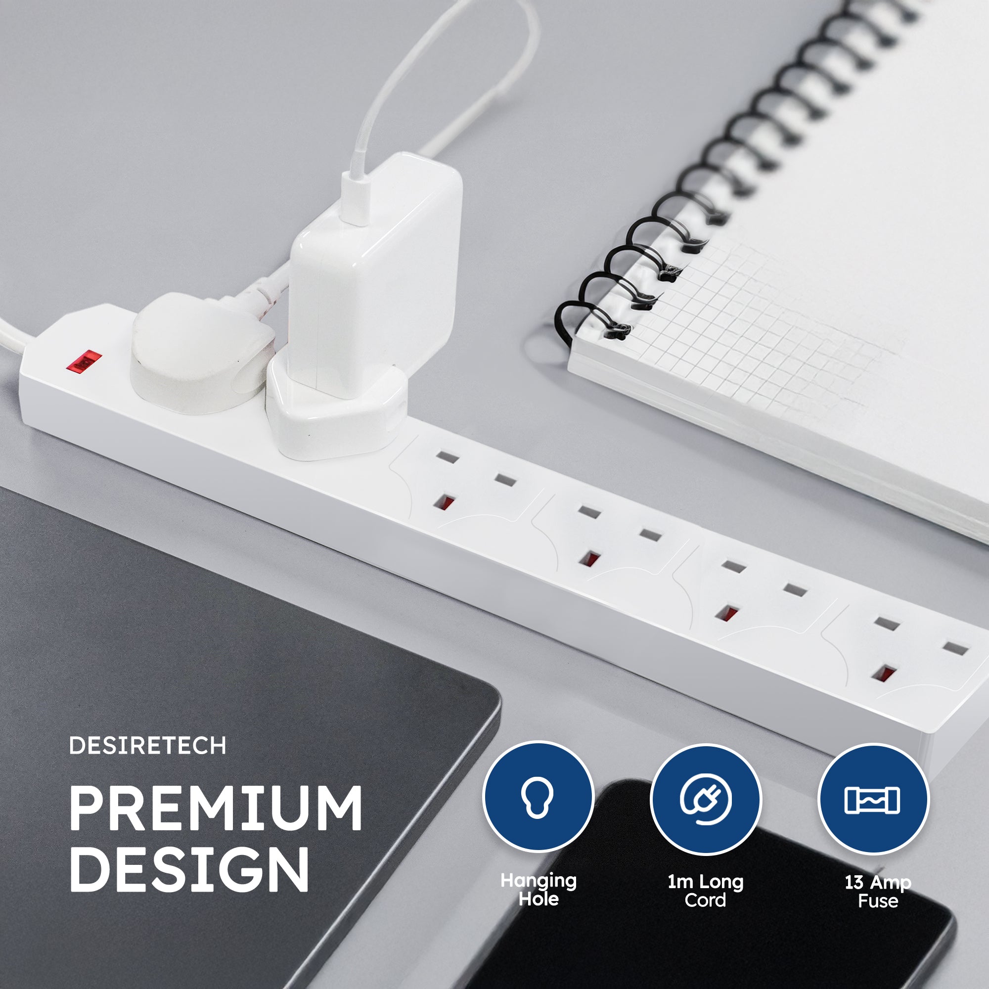 Desiretech - Ext lead 6 gang - 1m, 13A with Light Indicator UK Plug Extension Socket, Extension Cable Power Strip - White
