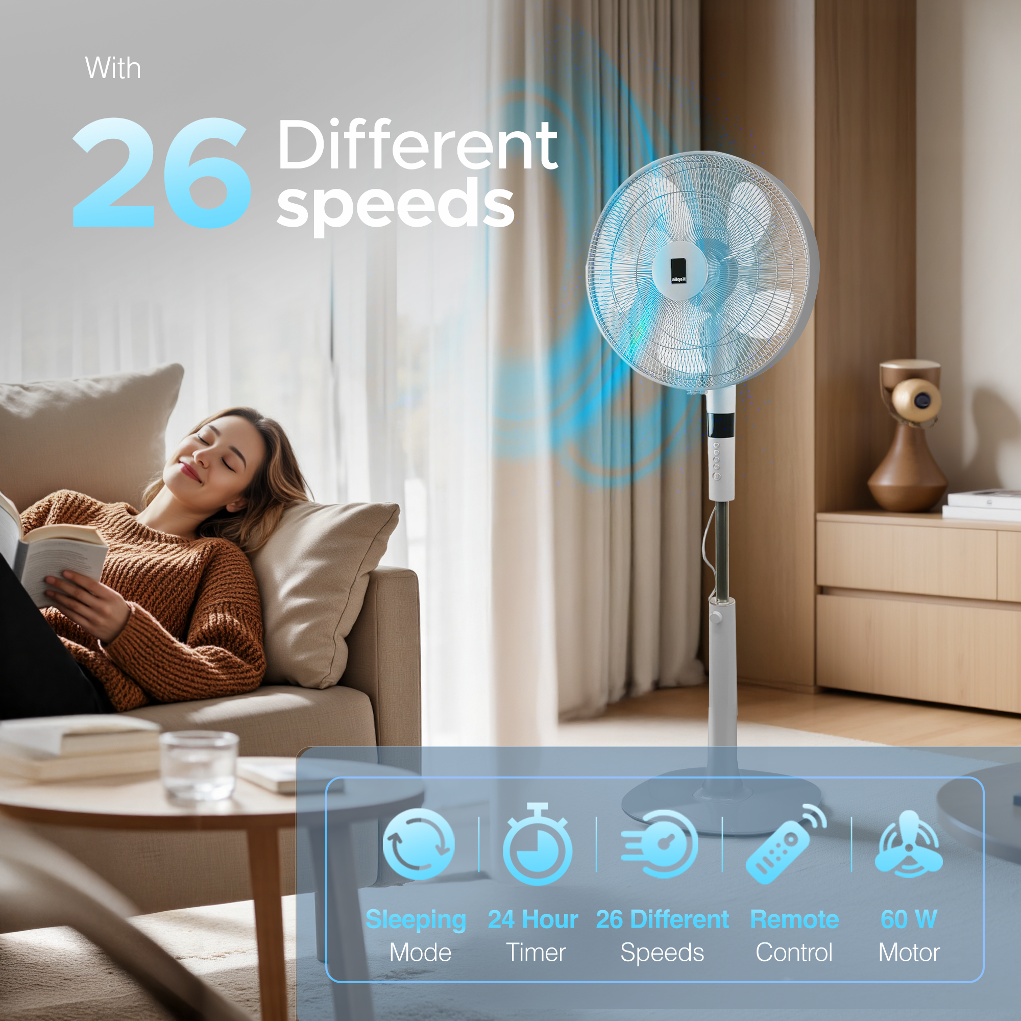 KEPLIN 16 Inch Pedestal Fan 26-Speed, 10 Blades Standing Fan, Remote Control & LED Display Adjustable Height, Turbo Wind Speed,3 Modes, 24-Hour Timer & 90° Oscillation for Home,Office & Bedroom