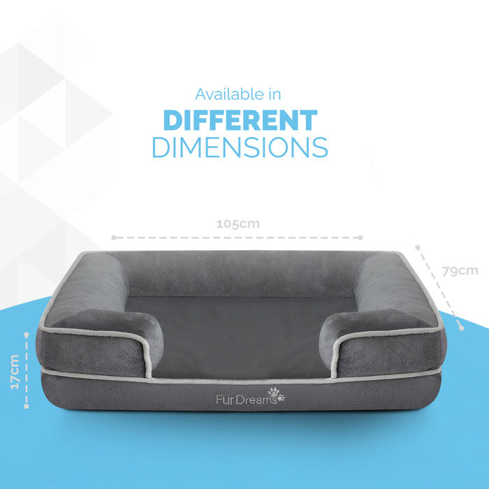 FurDreams Luxury Pet Sofa Bed – Extra Padded Orthopedic Memory Foam Mattress with Non-Slip Base, Removable Washable Flannel Cover – Plush Grey Design (70x57x17cm)