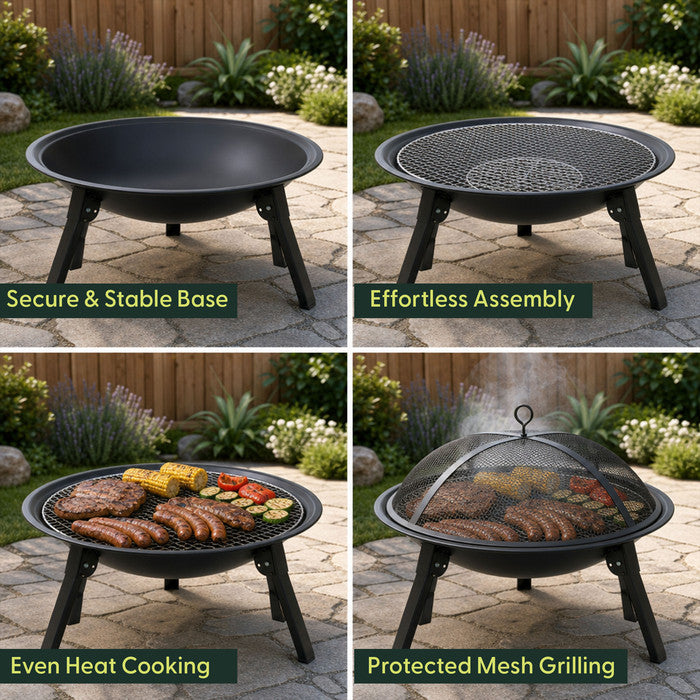 Stainless steel 304 BBQ grill on portable fire pit over open flame