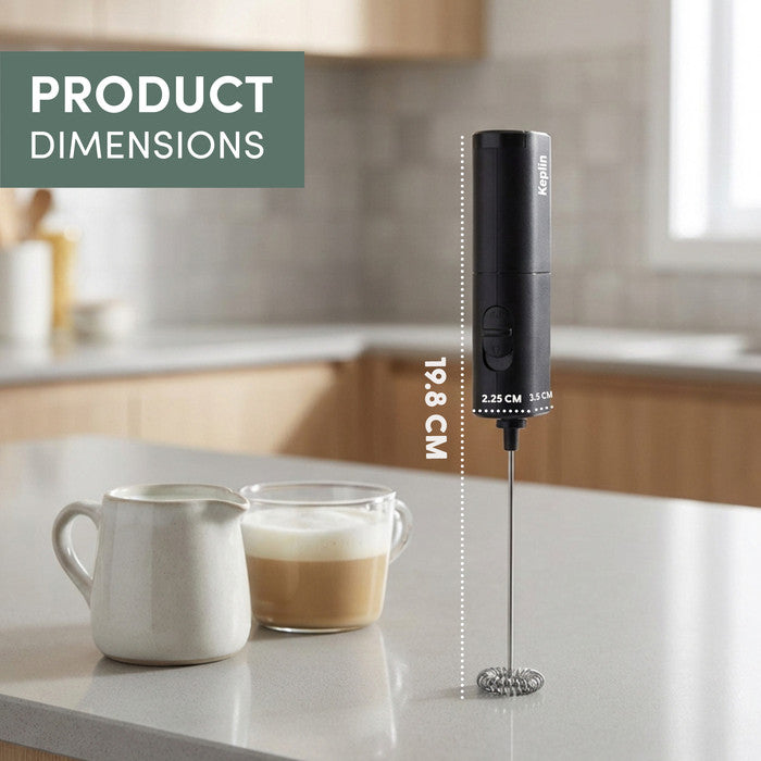 Slim milk frother dimensions: 19.8cm tall, 3.5cm wide, on kitchen worktop