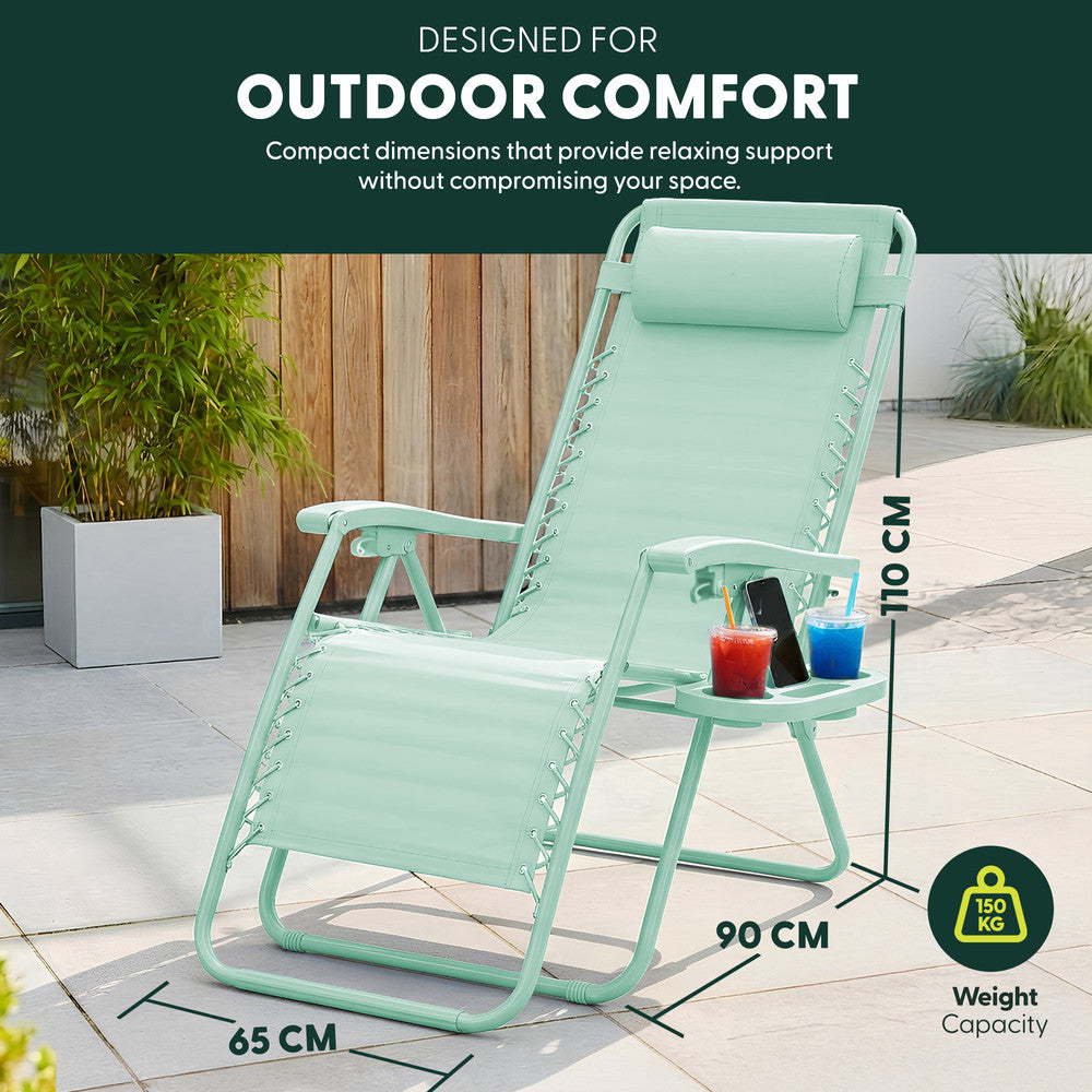 KEPLIN Set of 2 Heavy Duty Monocolour and Basic Textoline Zero Gravity Chairs for Garden Light Reclining Patio Sun loungers Easy to Clean Adjustable Head Rest Foldable with Cup & Phone Holder