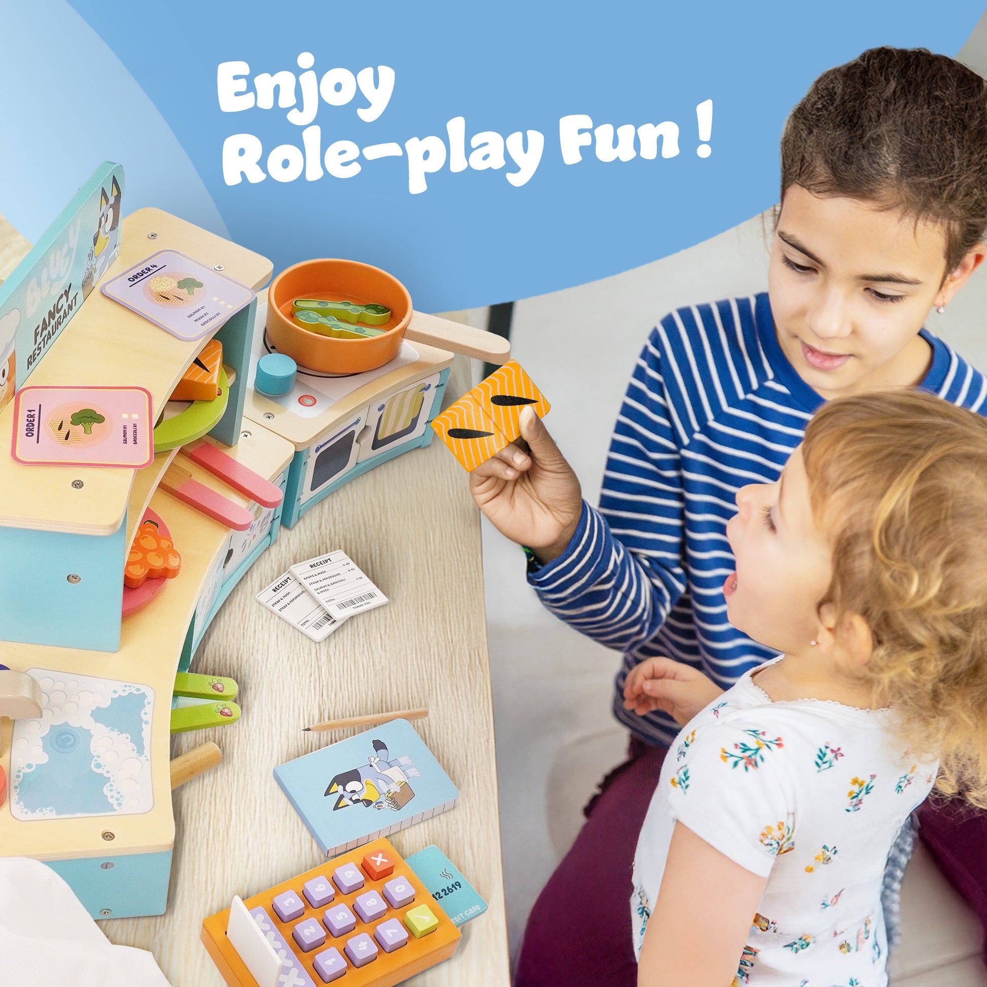 Bluey fancy restaurant roleplay set – match plates to tickets and take food orders imaginative play