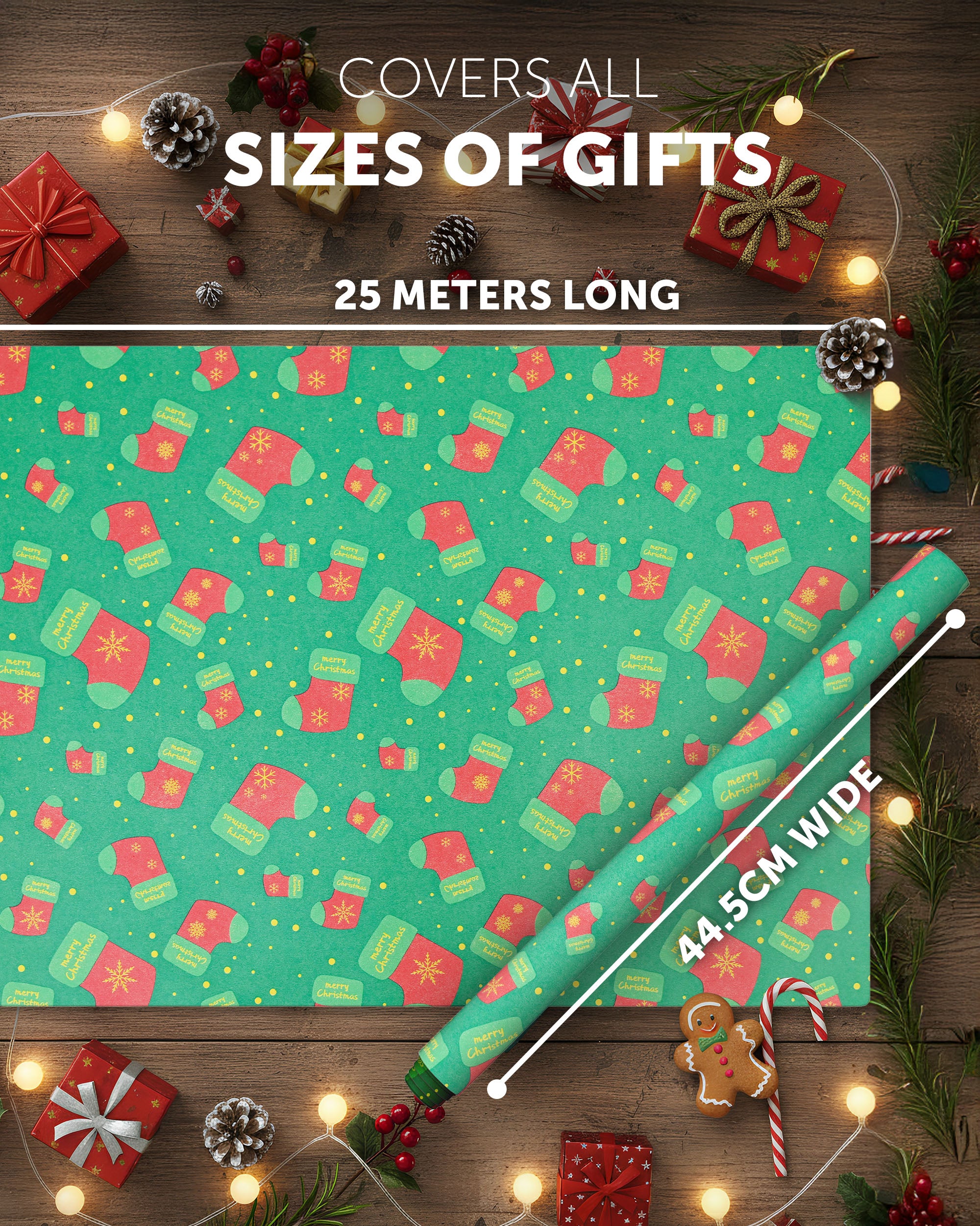 Kraft & Co 2 Pack Christmas Wrapping Paper Roll - Festive Designed Recyclable Kraft Paper, Perfect for Holiday Gifts, Arts & Crafts-Wrapping for a Merry Christmas (44.5cm x 25m)