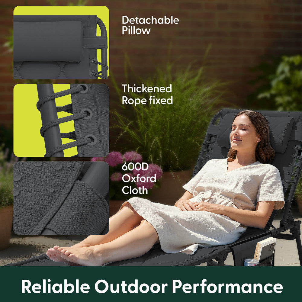 Dark Grey Padded Garden Sun Lounger Side View – 600D Oxford Foldable Outdoor Lounger
