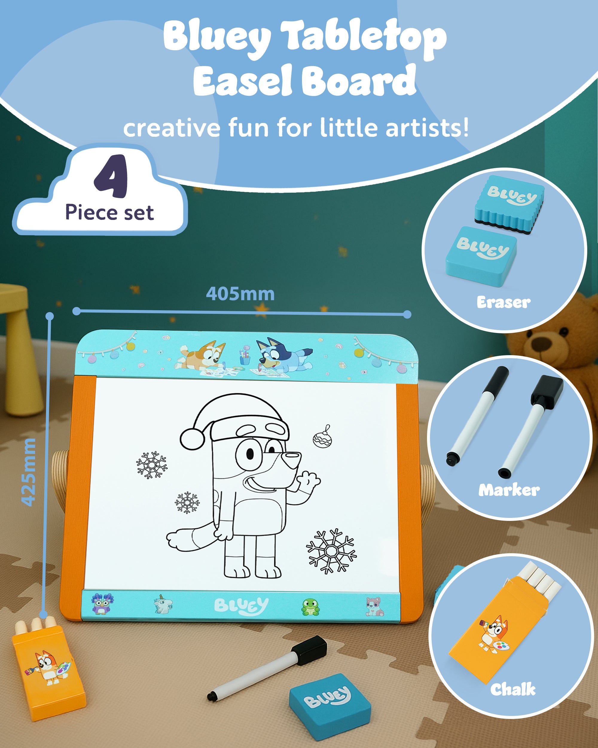 Bluey Tabletop Easel for Kids – 2 in 1 Double-Sided Chalkboard and Whiteboard with Pen, Chalk & Eraser – Portable Drawing Board for Children