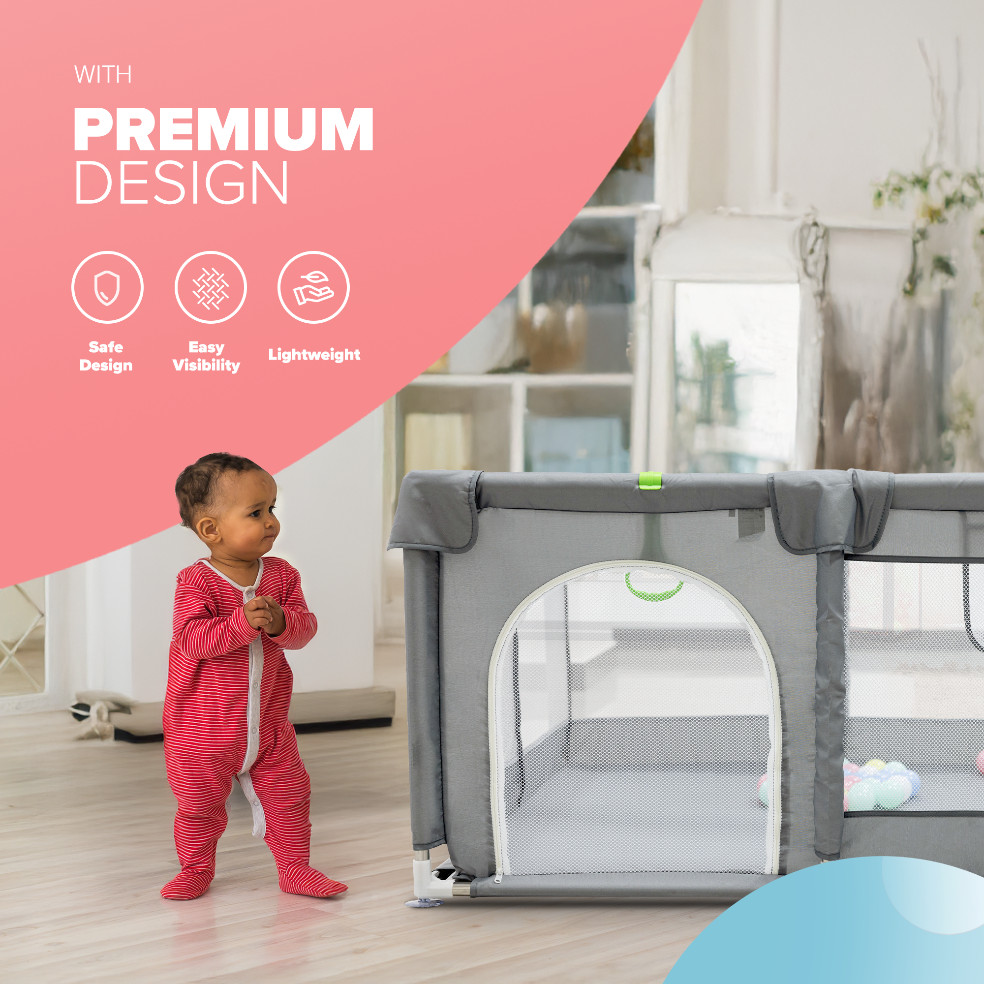 KIDOOLA Extra Large Baby Playpen with Padded Frame & Mesh Walls – Includes Balls & Pull Rings for Indoor & Outdoor Fun (150x180x65cm)