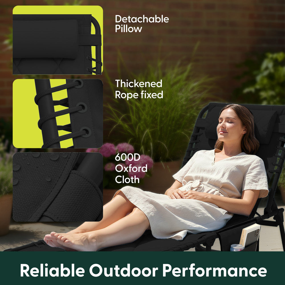 Charcoal Quilted Garden Sun Lounger Side View – 600D Oxford Fabric Padded Outdoor Lounger
