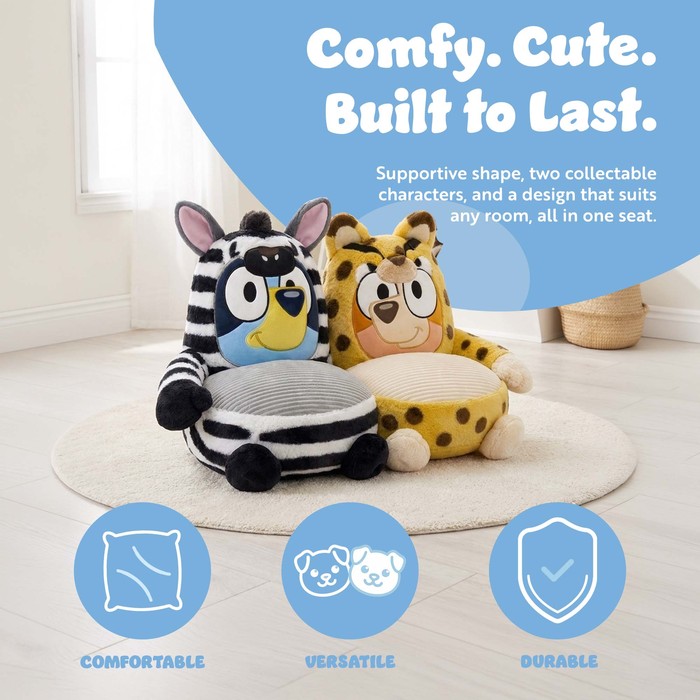 Bluey plush sofa chair in a child's bedroom, soft and durable toddler seating