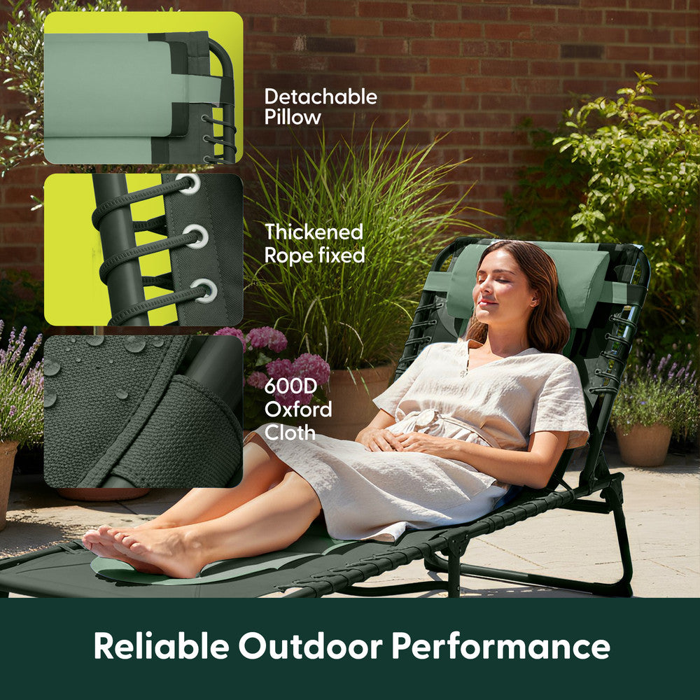 Green Padded Garden Sun Lounger Side View – Folding 600D Oxford Outdoor Recliner