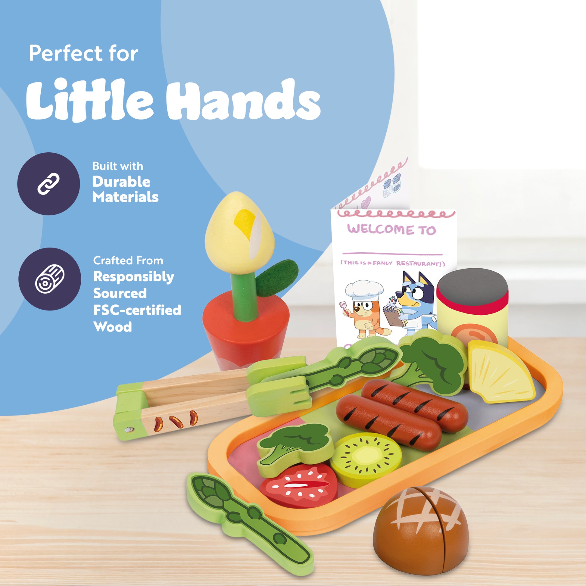 Bluey wooden toy food set with plates, utensils and 14 play food pieces – 32-piece roleplay kit