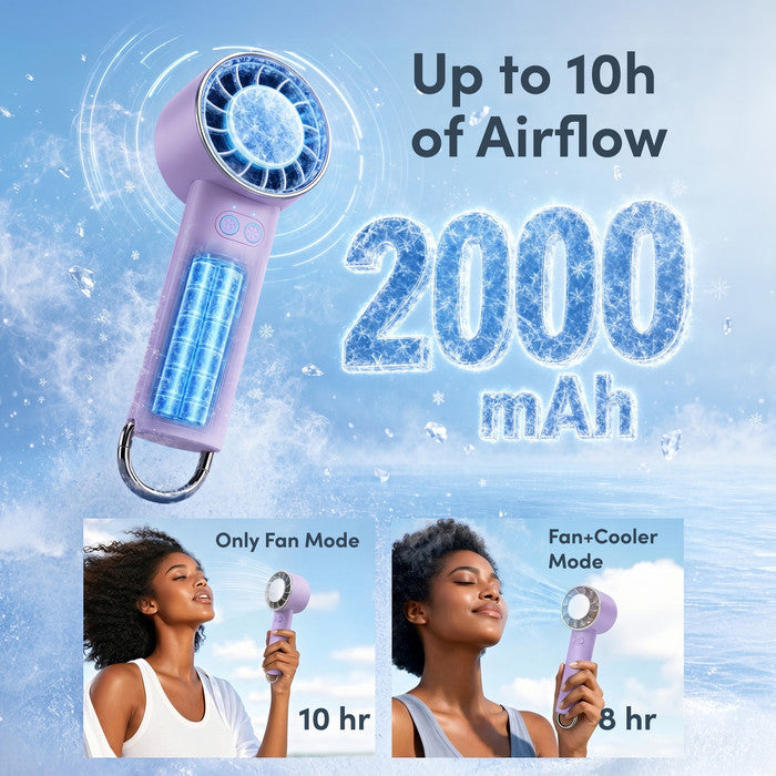 Handheld cooling fan 2000mAh battery runtime – 10h Fan mode 8h Fan+Cooler Mode