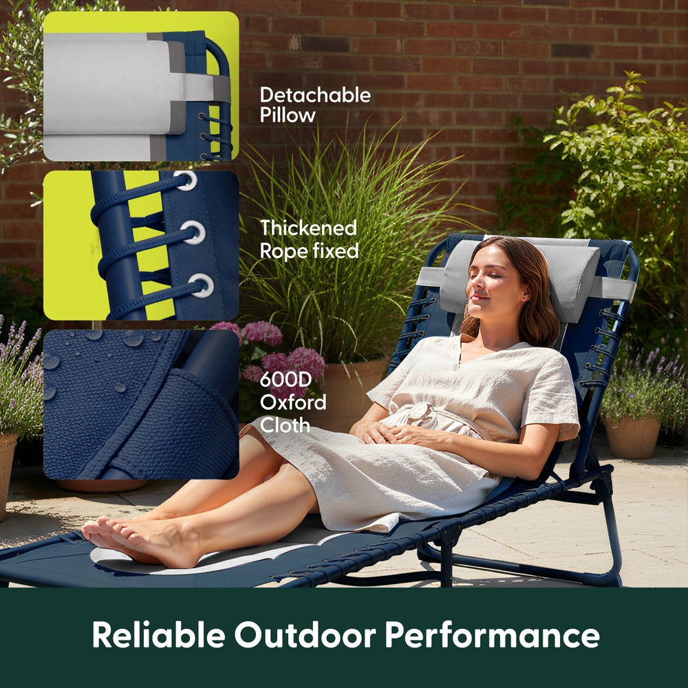 Navy Padded Garden Sun Lounger Side View – Folding 600D Oxford Outdoor Recliner