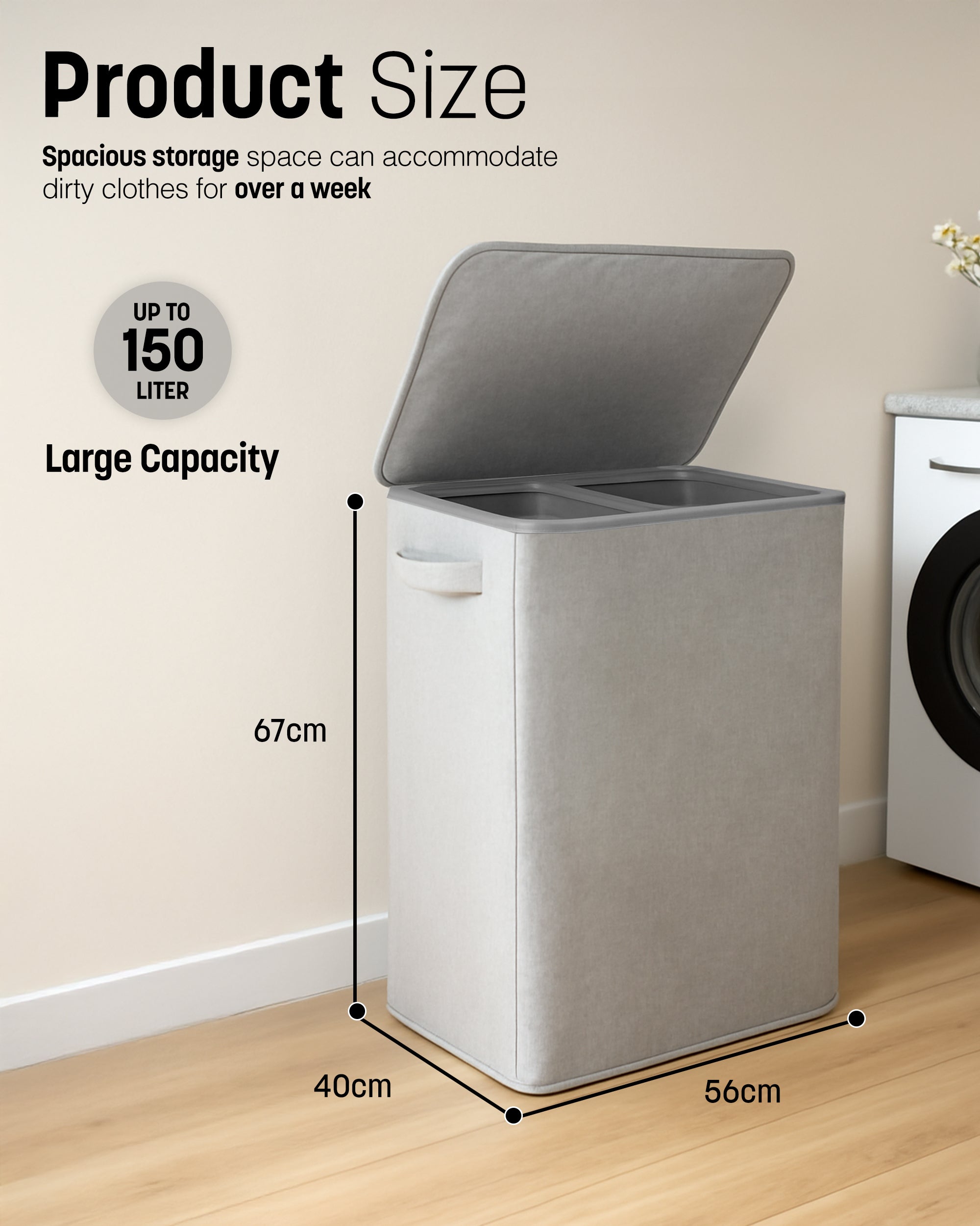 Keplin Collapsible Laundry Basket with Lid – 2 Section Clothes Sorter Hamper 150L – Large Fabric Washing Bin with Removable Liner, Handles & Bottom Strap – Foldable Grey Laundry Organizer 56x40x67cm