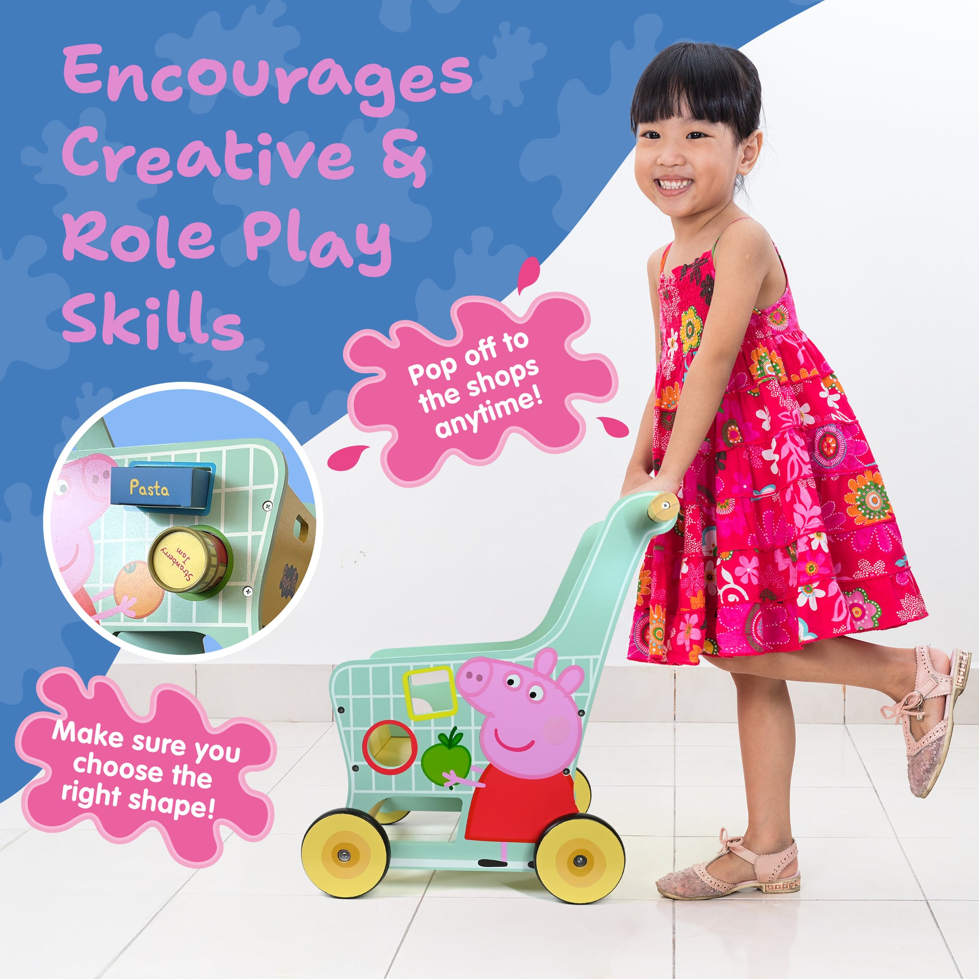 Peppa Pig Wooden Toy Shopping Trolley – Durable Pretend Play Grocery Set for Toddlers