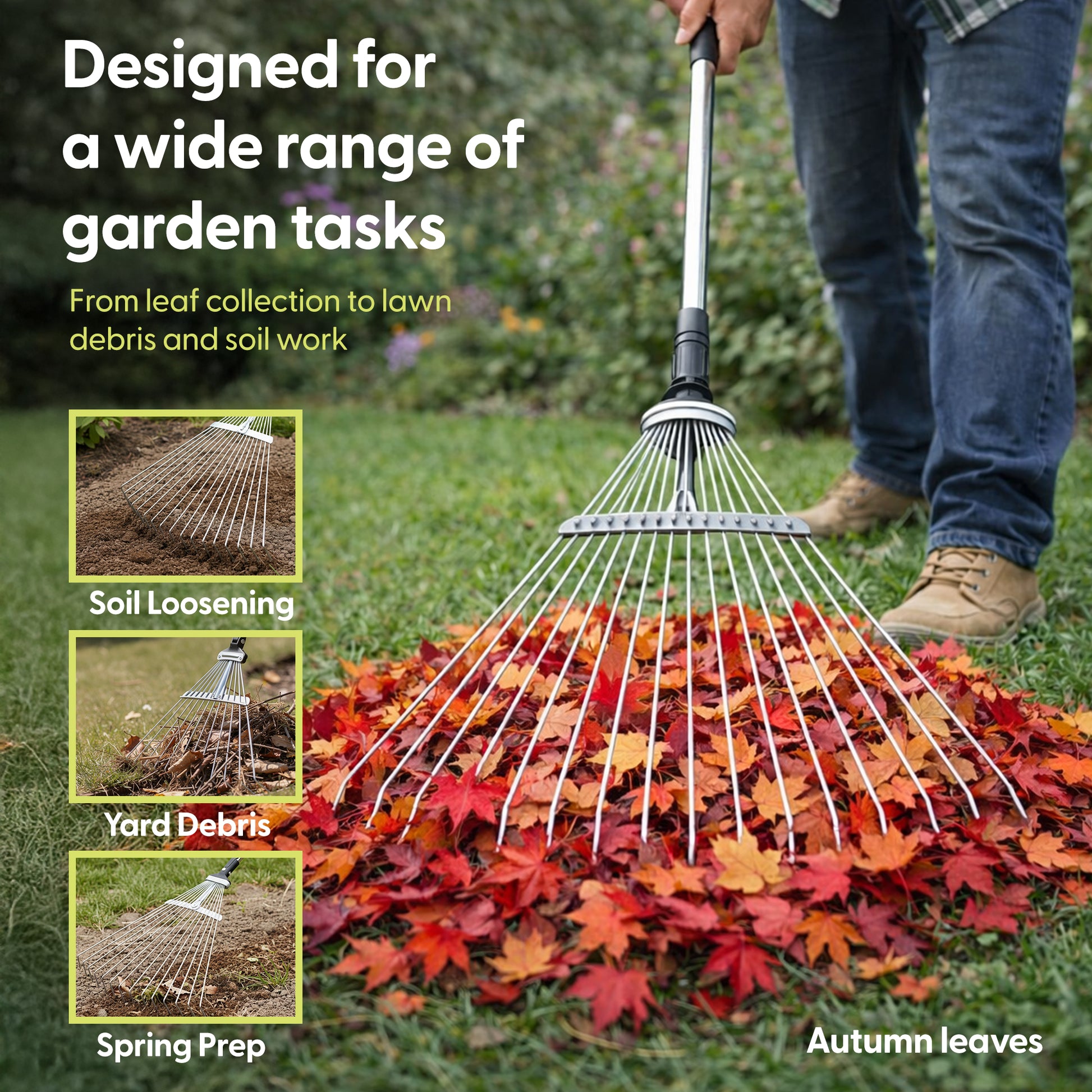 Telescopic Garden Rake for Leaves, Lawn, Yard & Soil Cleanup