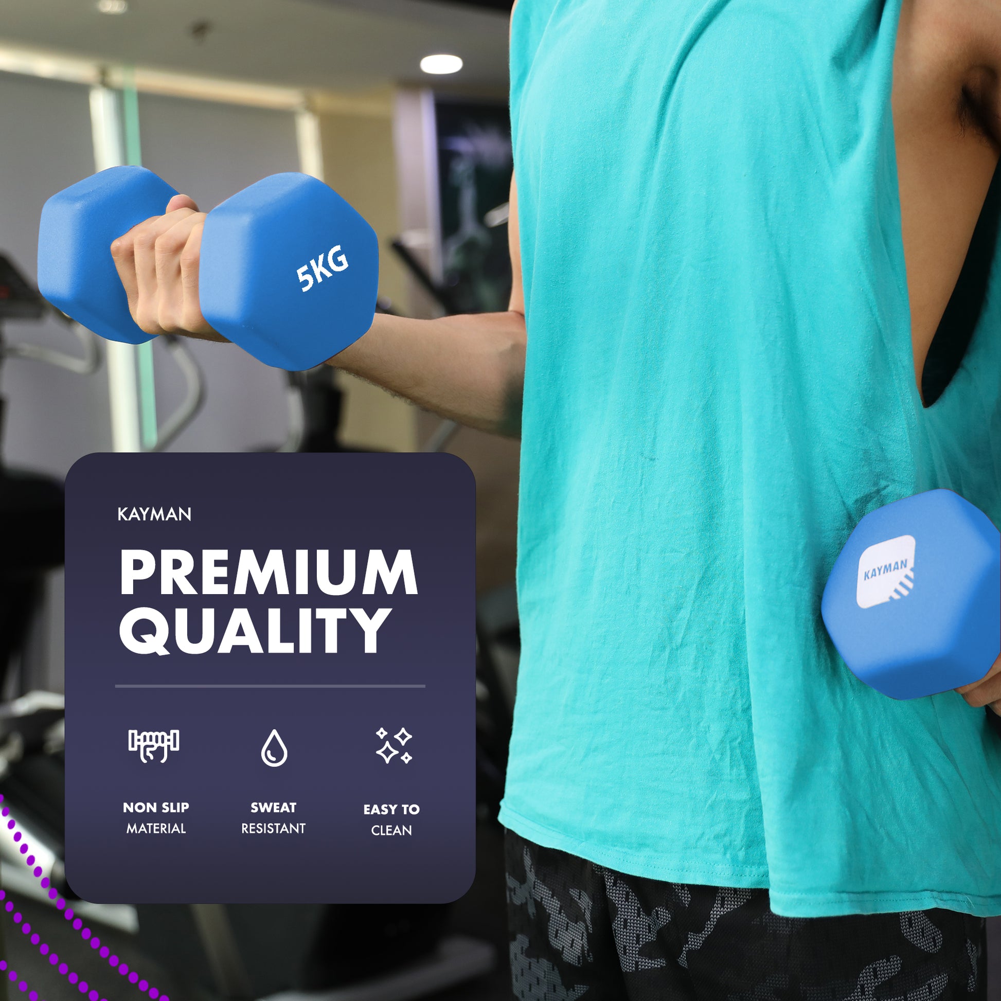 KAYMAN Neoprene Dumbbell Pair with Anti-Slip Grip, Hex Edges, Water-Resistant Surface & Workout Poster Guide - Weight Set for Home, Gym & Fitness Training Equipment (1kg 2kg 3kg 4kg 5kg 6kg 7kg 8kg 9kg 10kg)