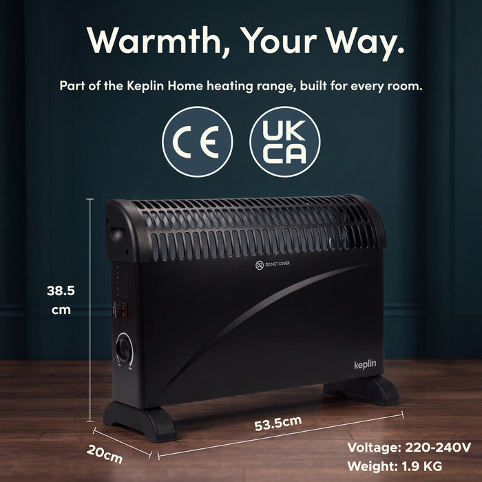 Black convector heater dimensions – 38.5cm height, 53.5cm width, 20cm depth, 1.9kg, CE and UKCA certified