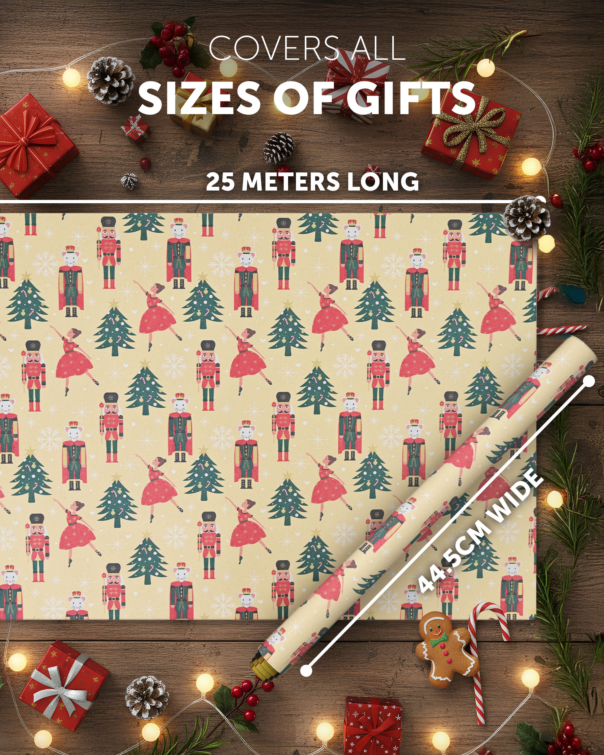 Kraft & Co 2 Pack Christmas Wrapping Paper Roll - Festive Designed Recyclable Kraft Paper, Perfect for Holiday Gifts, Arts & Crafts-Wrapping for a Merry Christmas (44.5cm x 25m)