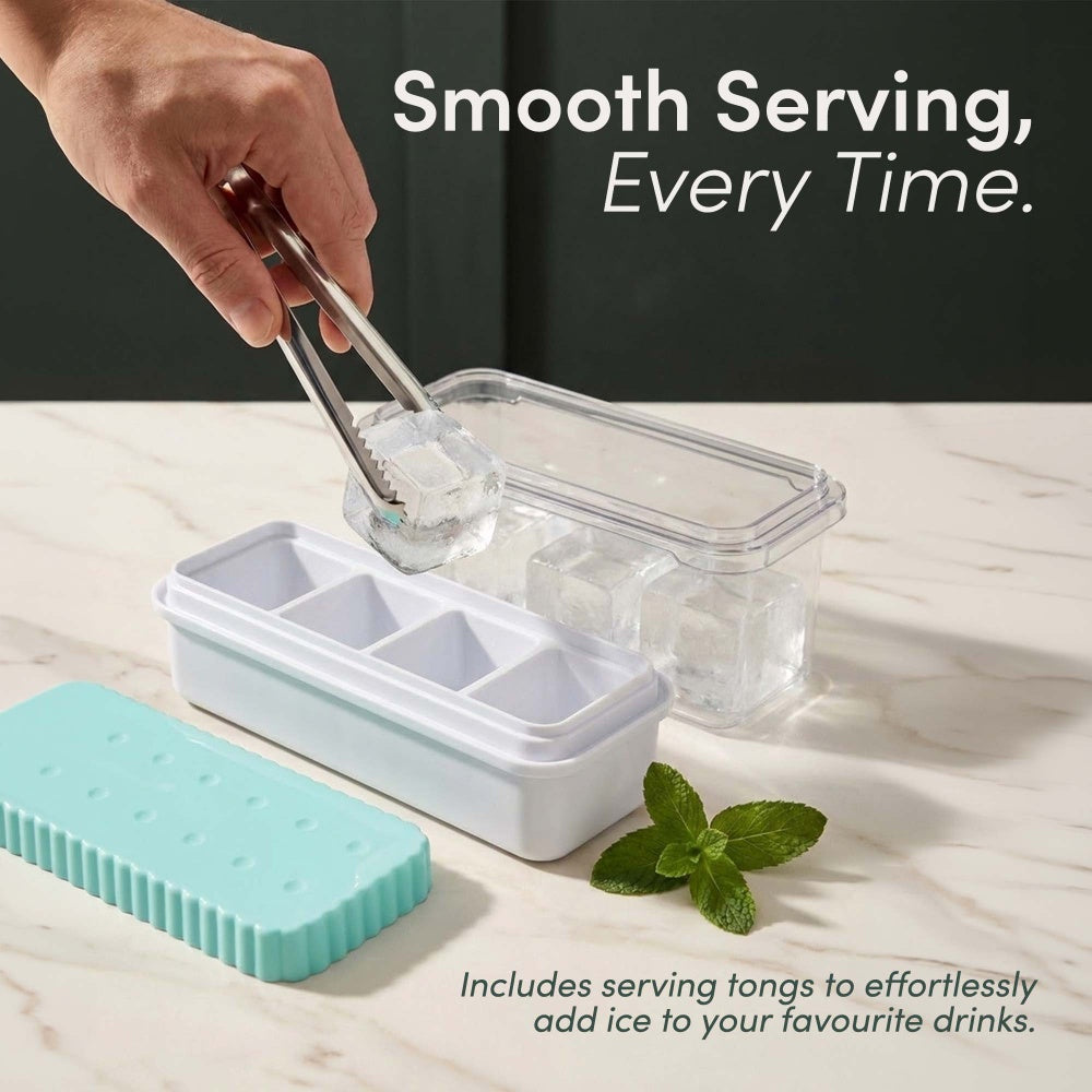 Hand using steel tongs to lift a large ice cube from the ice bin beside the tray and teal lid