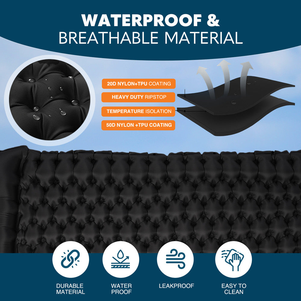 Valve detail on black double camping sleeping mat – quick deflate and pack-away feature