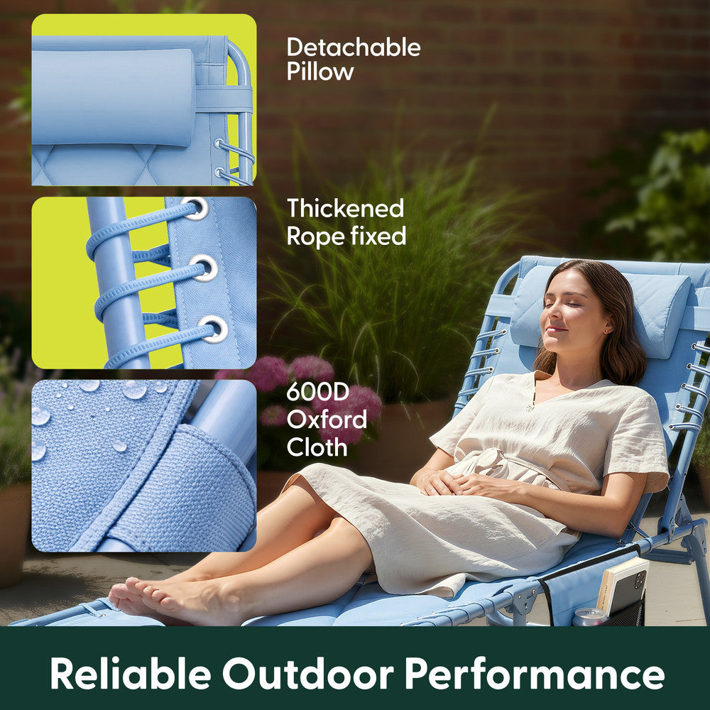 Blue Padded Sun Lounger Side View – 600D Oxford Foldable Outdoor Garden Recliner