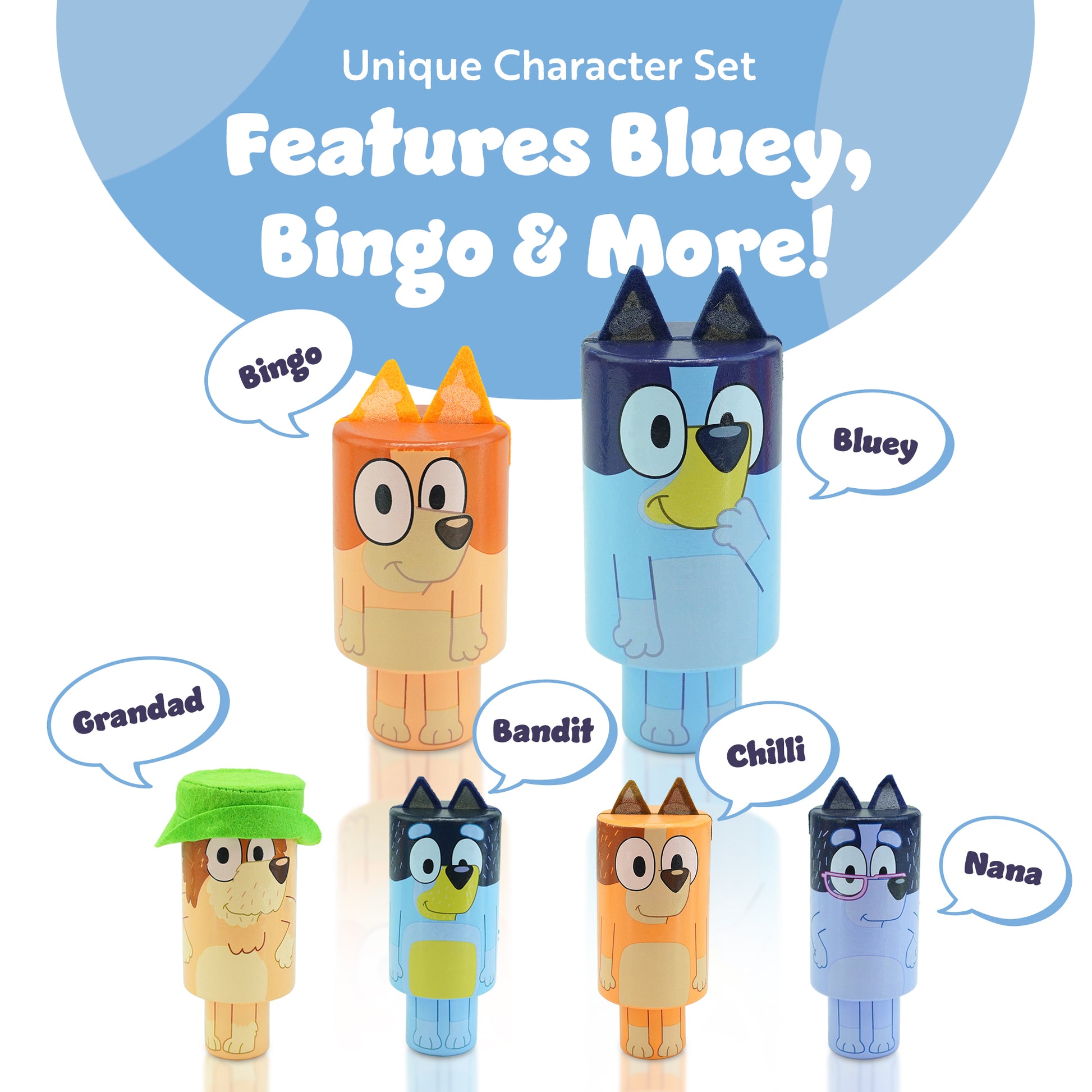 Bluey character skittles set showing 6 colourful bowling pins and ball