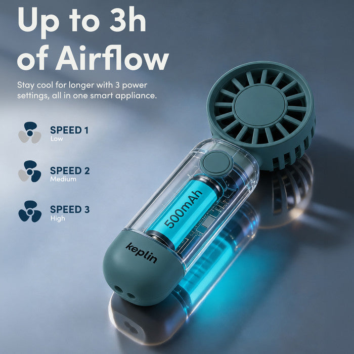 KEPLIN rechargeable fan 3 speed settings and 500mAh battery with up to 3 hours airflow
