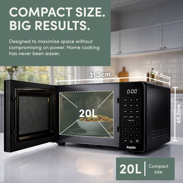 Black microwave oven open door showing 20L capacity – dimensions 31.3 x 25.8 x 45.2cm