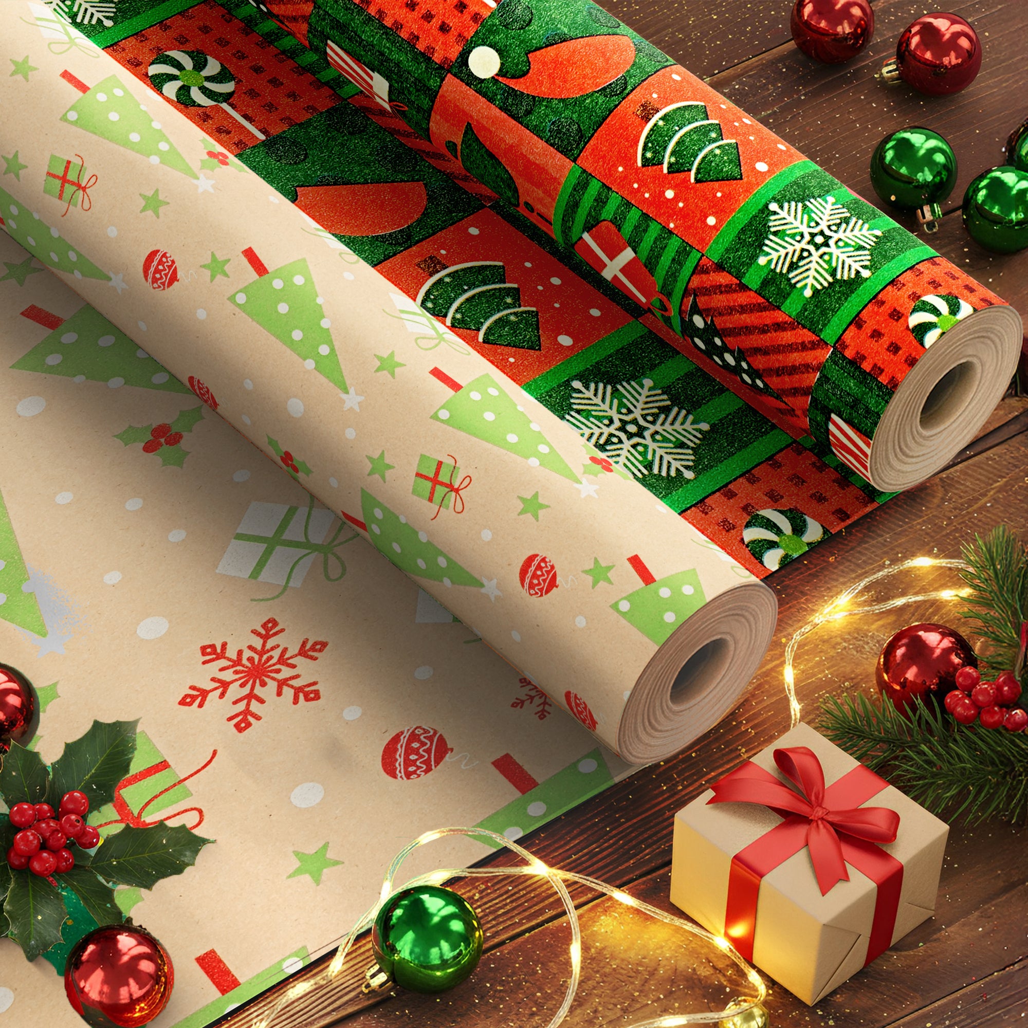 Kraft & Co 2 Pack Christmas Wrapping Paper Roll - Festive Designed Recyclable Kraft Paper, Perfect for Holiday Gifts, Arts & Crafts-Wrapping for a Merry Christmas (44.5cm x 25m)