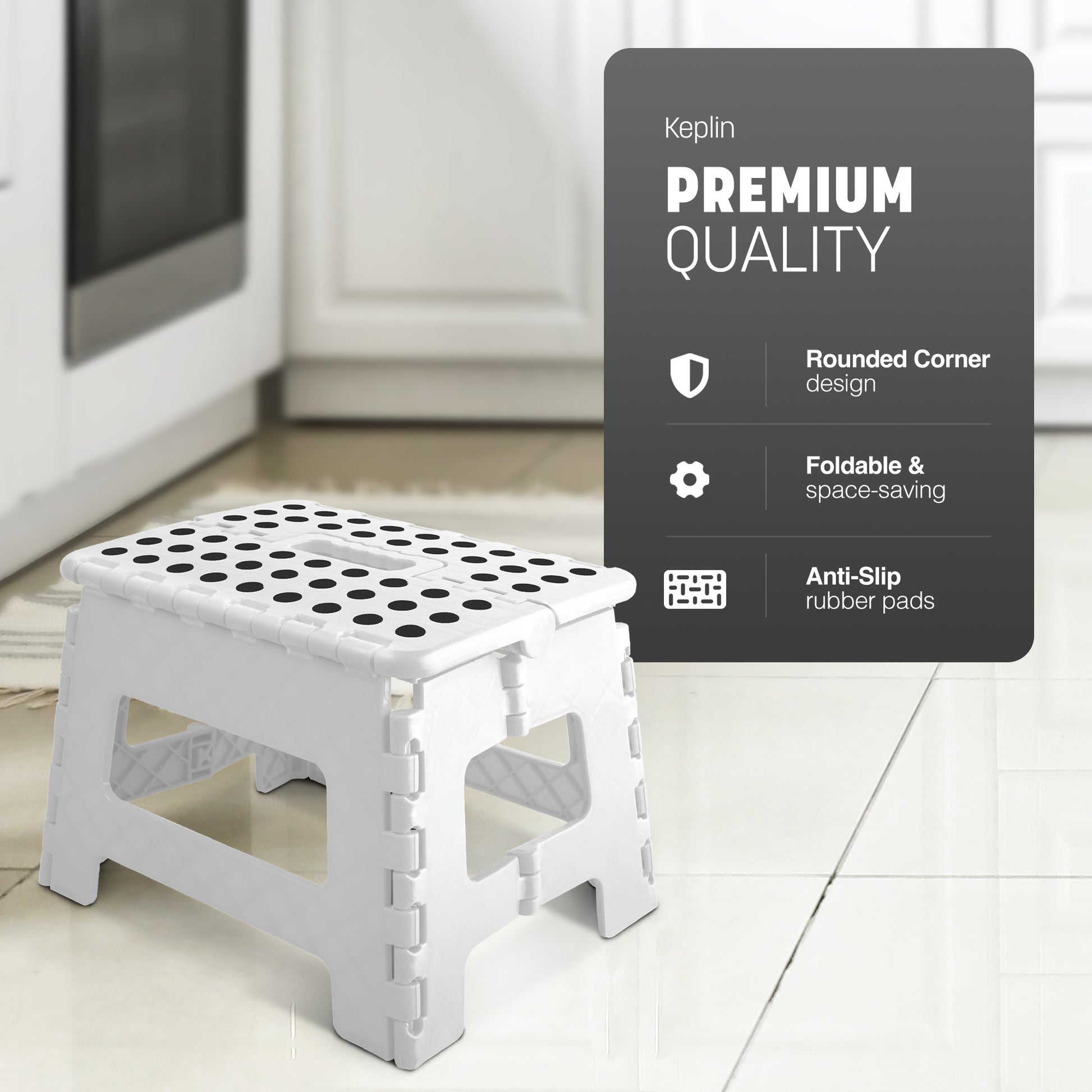 Grey step stool non-slip tread close-up – safe rubber surface detail