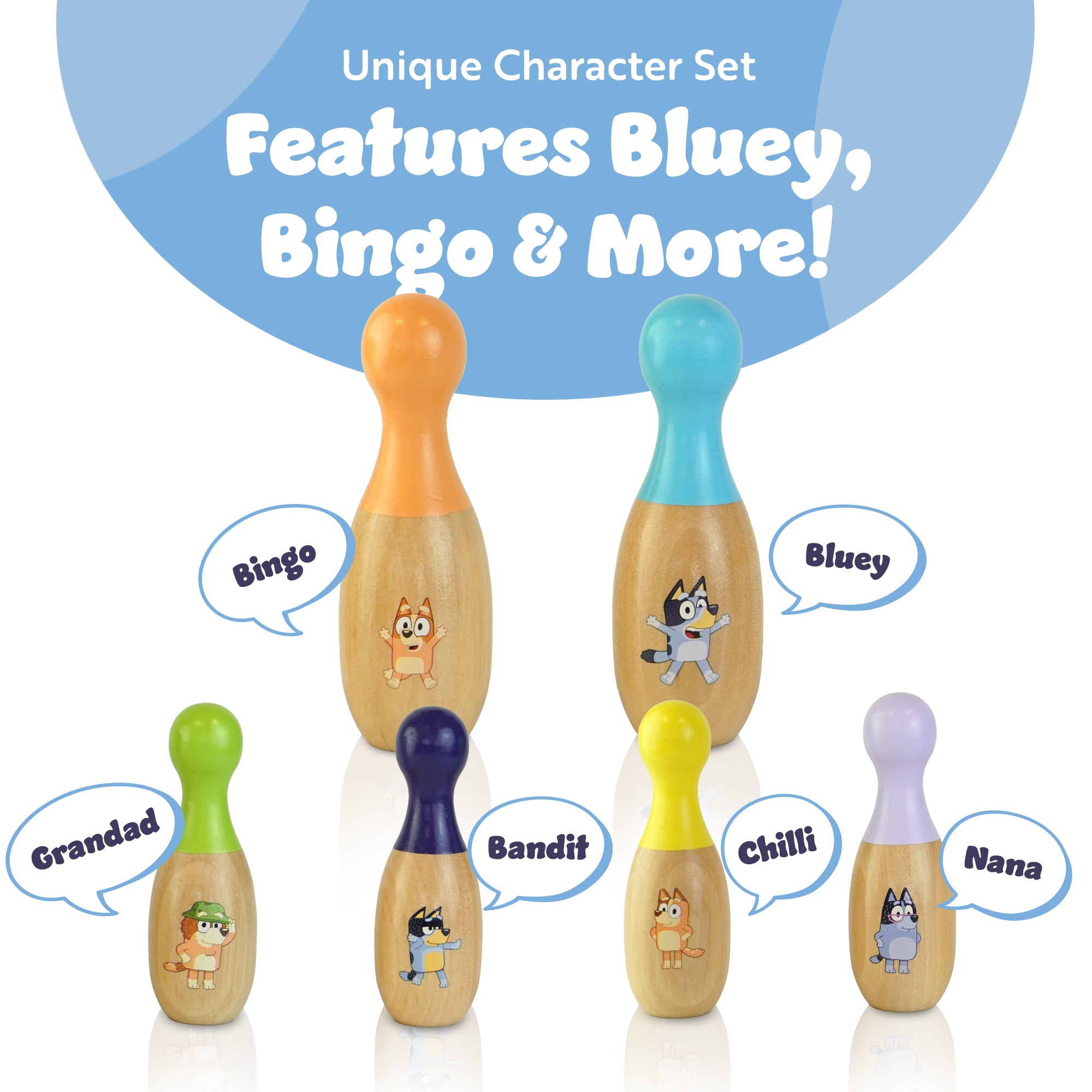 Bluey Wooden Classic Skittles, 7-Piece Colorful Set –FSC Certified Sustainable Wood –Indoor &Outdoor Bowling Game for Kids–Enhances Hand-Eye Coordination–Includes 6 Character Pins & 1 Ball