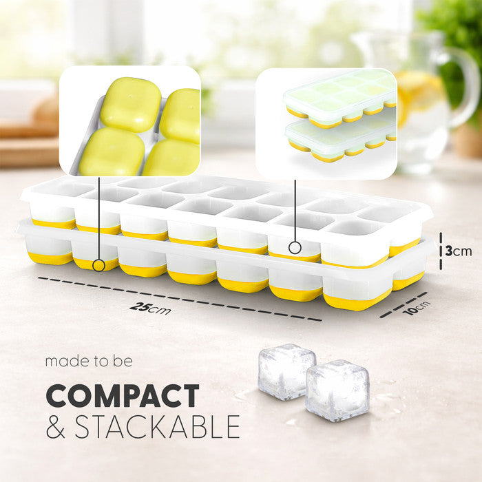 Yellow Keplin silicone ice cube tray compact and stackable design, 25cm x 10cm dimensions, spill-proof lid, BPA-free freezer mould