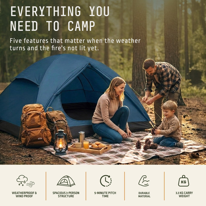 3 person camping tent pitched in forest, weatherproof windproof 3.3kg lightweight