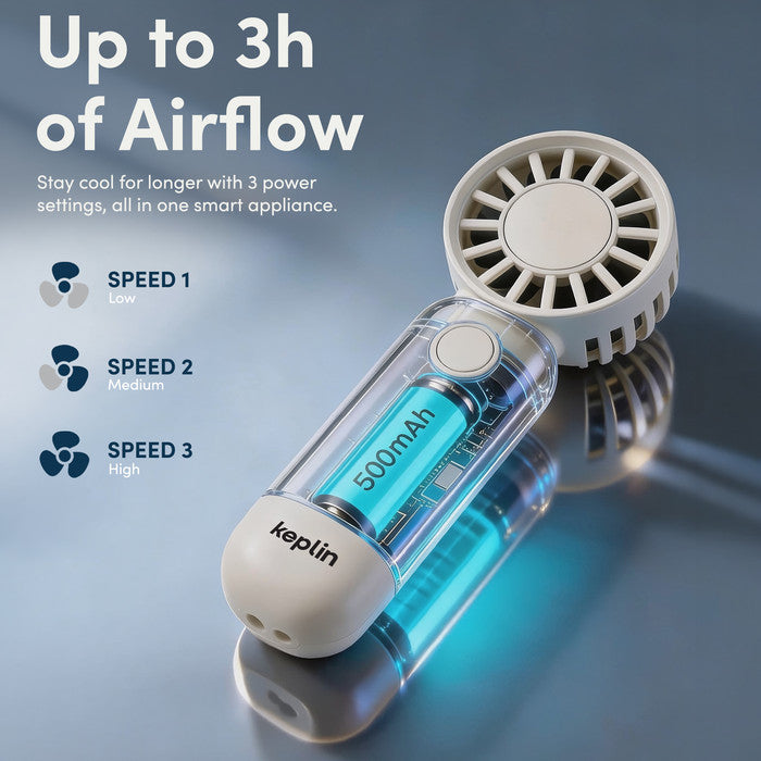 KEPLIN rechargeable fan 3 speed settings and 500mAh battery with up to 3 hours airflow