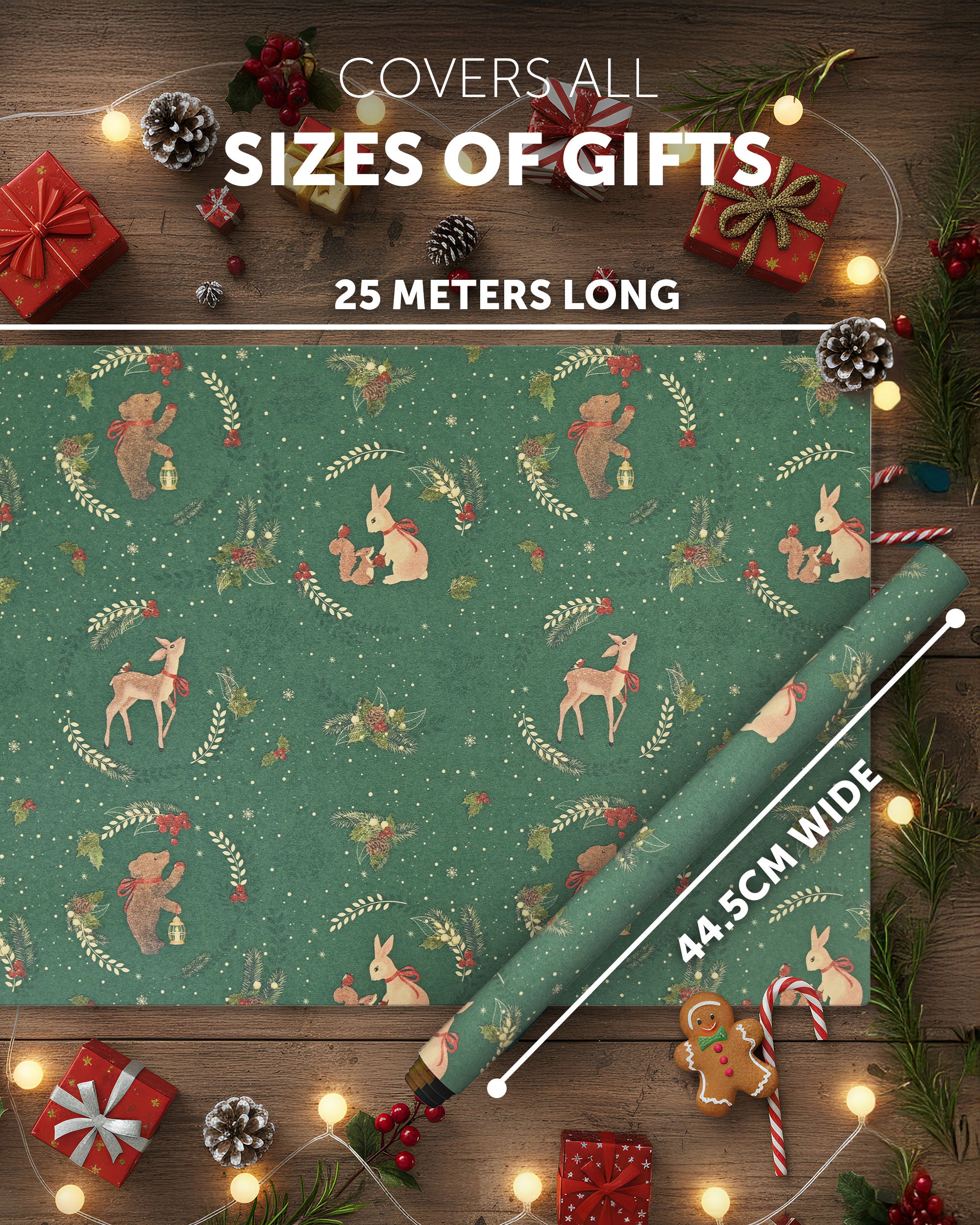 Kraft & Co 2 Pack Christmas Wrapping Paper Roll - Festive Designed Recyclable Kraft Paper, Perfect for Holiday Gifts, Arts & Crafts-Wrapping for a Merry Christmas (44.5cm x 25m)