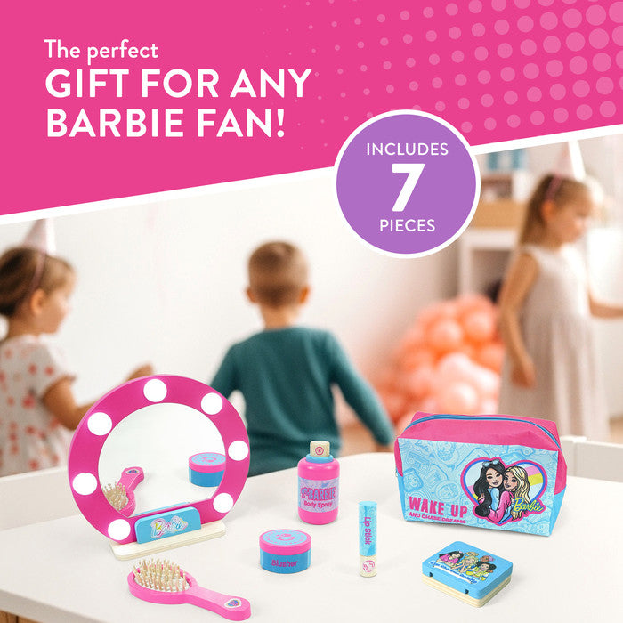 Barbie wooden vanity toy set with light-up mirror for children