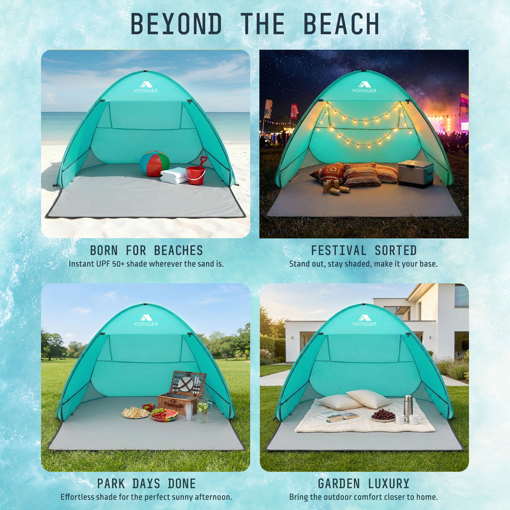 Teal pop-up beach shelter 180x140x110cm – spacious shade tent for adults and kids at the beach