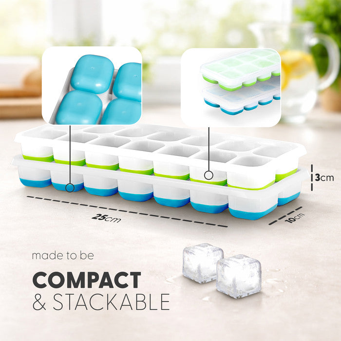 Blue and green Keplin silicone ice cube tray compact and stackable design, 25cm x 10cm dimensions, spill-proof lid, BPA-free freezer mould