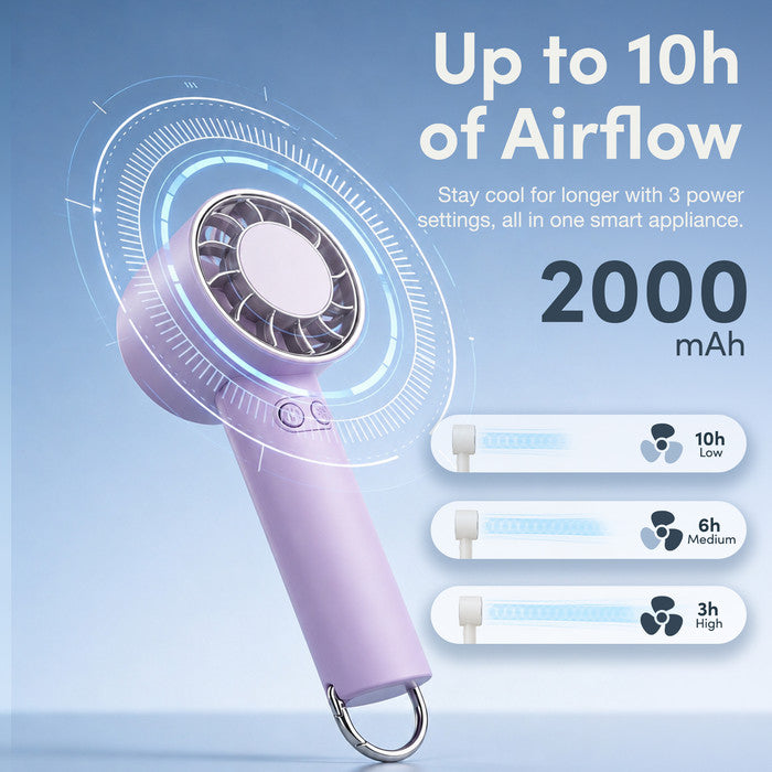 Handheld cooling fan 2000mAh battery runtime – 10h low, 6h medium, 3h high