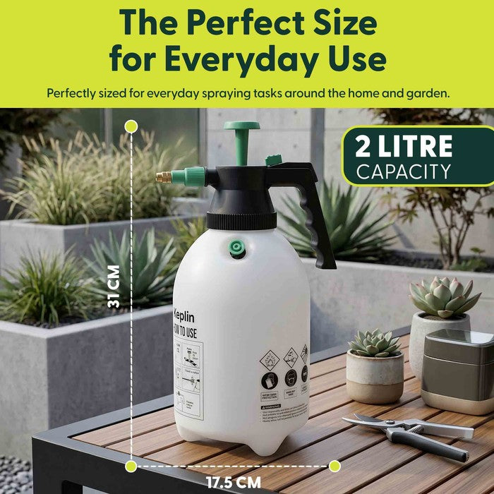 2L pump action garden sprayer with 2 litre capacity callout, 31cm height dimension shown outdoors