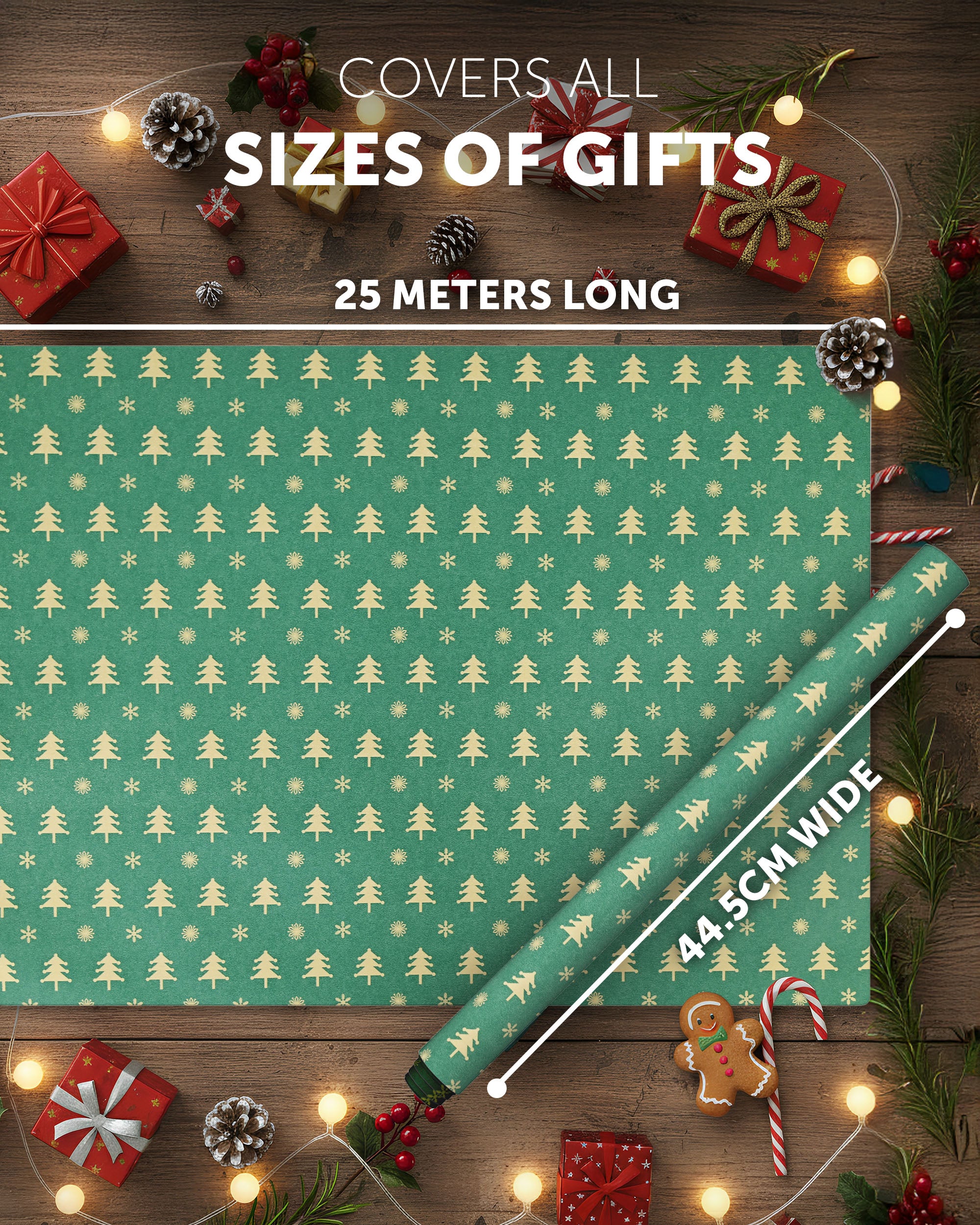 Kraft & Co 2 Pack Christmas Wrapping Paper Roll - Festive Designed Recyclable Kraft Paper, Perfect for Holiday Gifts, Arts & Crafts-Wrapping for a Merry Christmas (44.5cm x 25m)