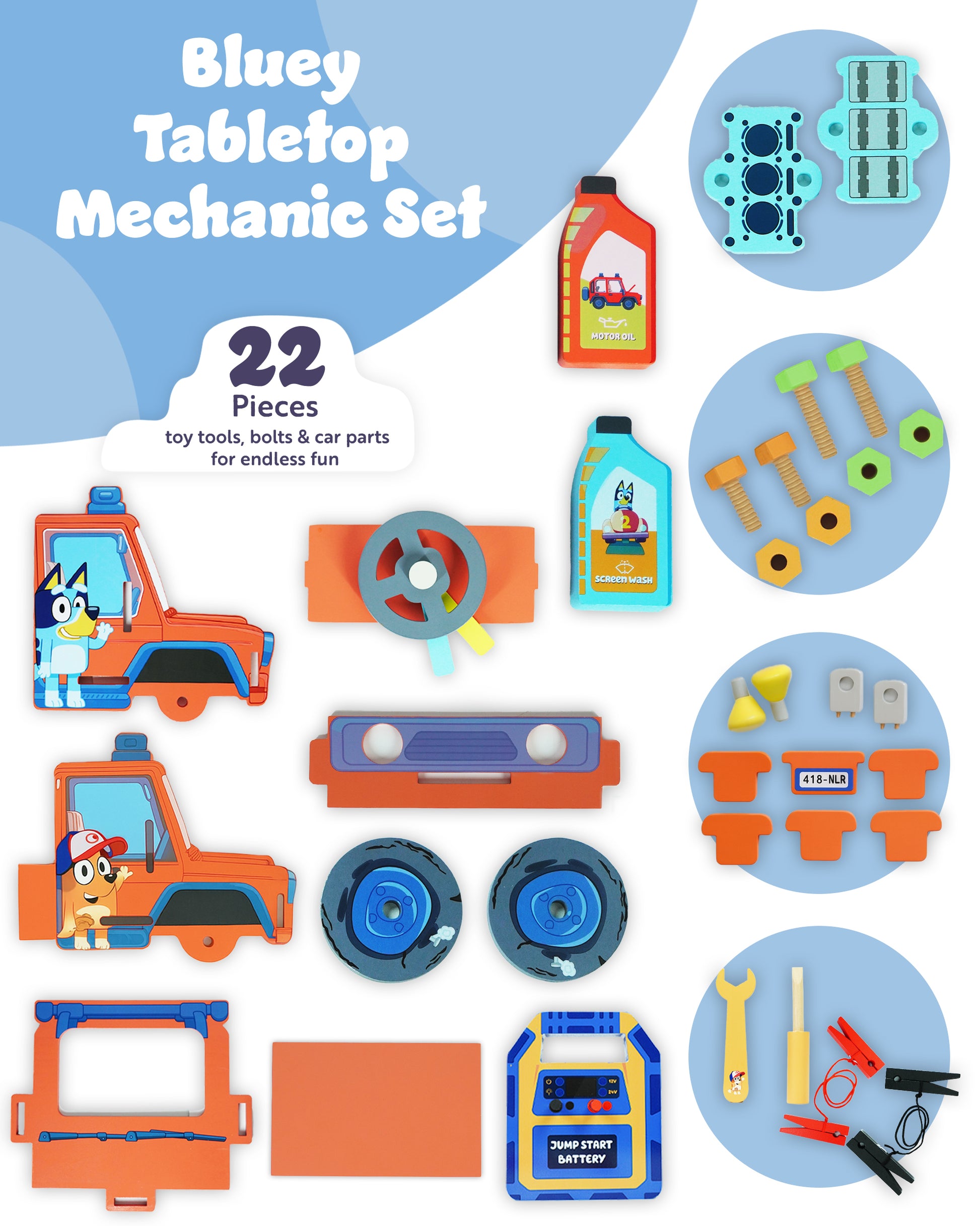 Bluey mechanic playset with tools, battery and tyres – interactive pretend repair set for children