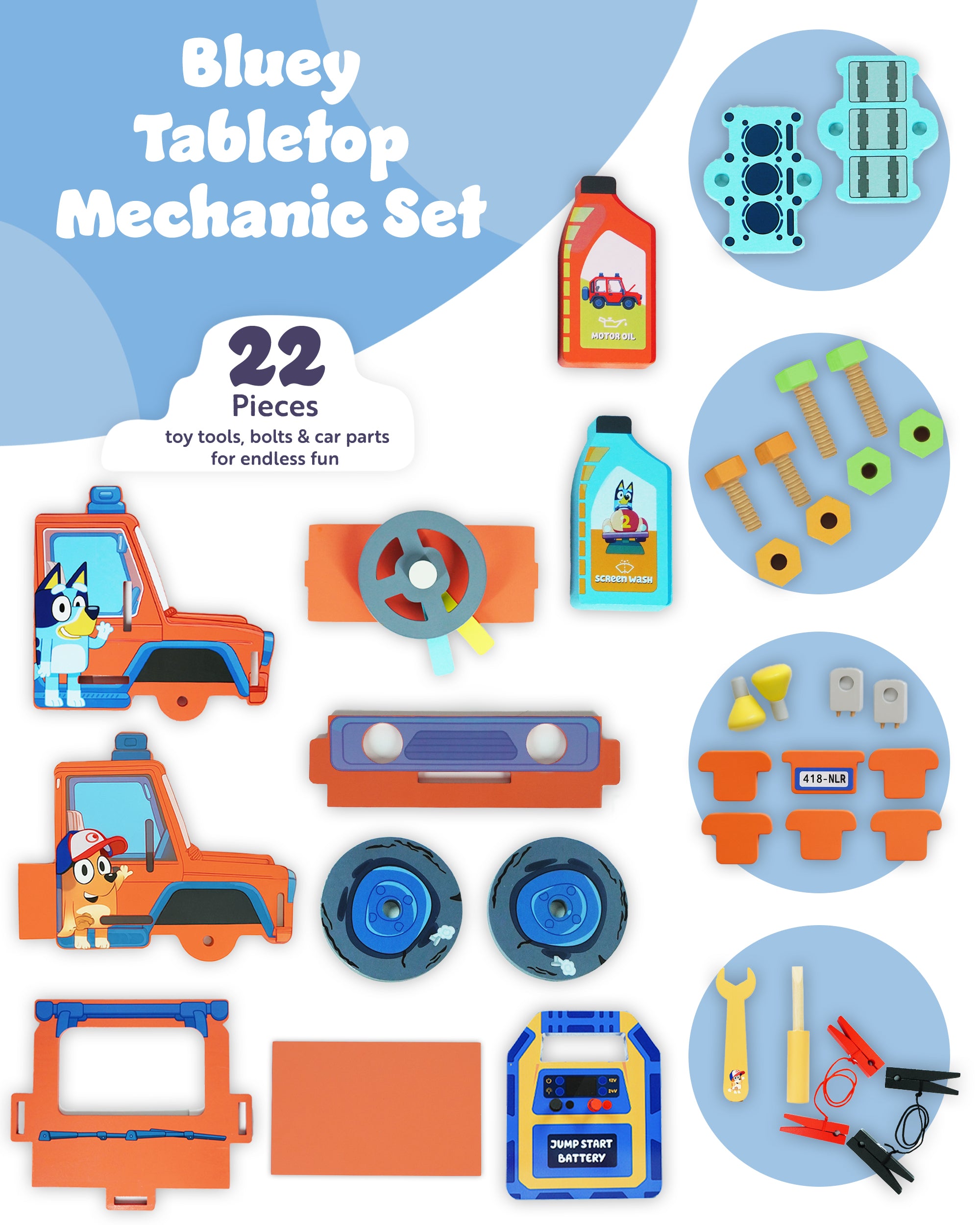 Bluey Wooden Tabletop Mechanic Set – 22 Piece Pretend Play Repair Tool Kit with Car Engine, Tools & Accessories – Compact & Portable Wooden Toy for Kids Ages 3+