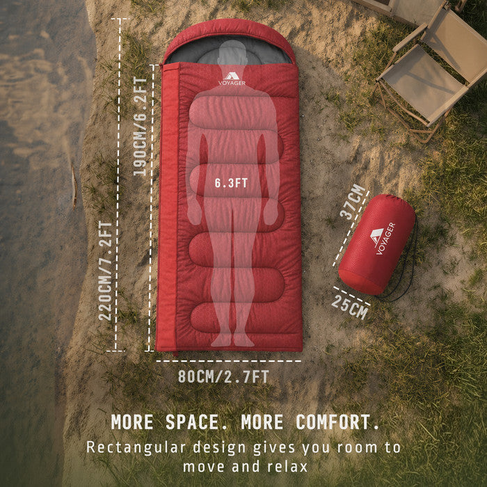 Red adults sleeping bag zip and hood detail – windproof design for outdoor camping UK