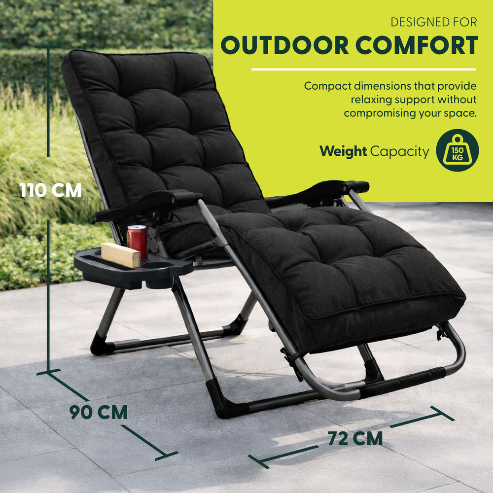 Tube Gravity Recliner Chair - Extra Wide 72 cm, Foldable Garden Lounger with Cushion