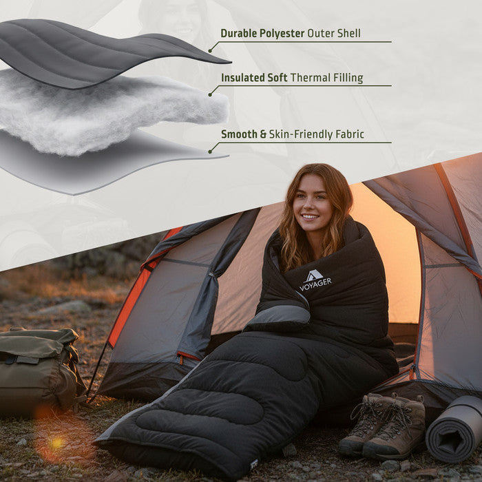Black lightweight camping sleeping bag feature shot – water-resistant polyester 3-season design