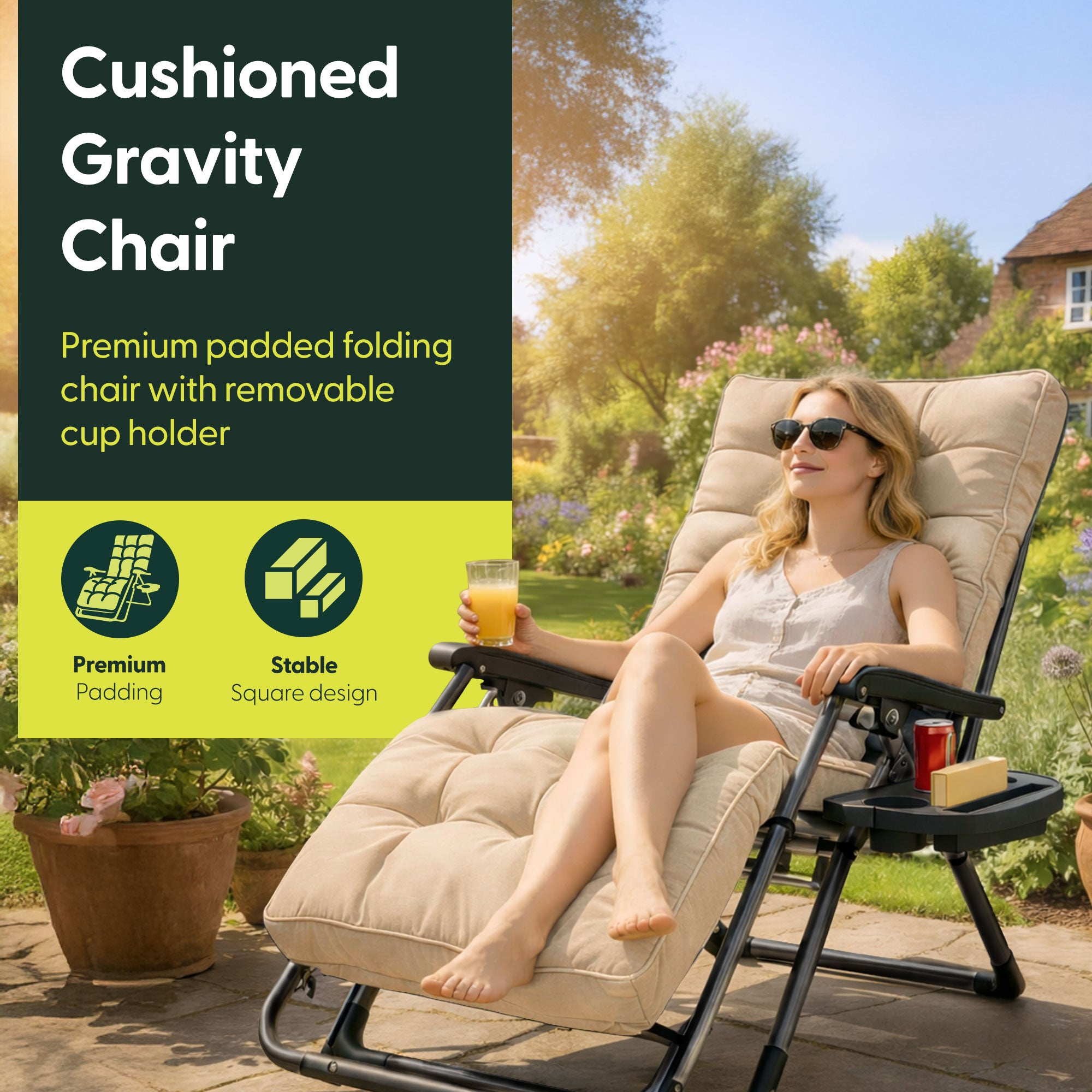 KEPLIN Square Tube Gravity Chair with Cushion – Extra-Wide 72cm Recliner, Adjustable Zero Gravity Lounger, Reinforced Frame, Supports 150kg, Premium Comfort for Indoor & Outdoor Relaxation