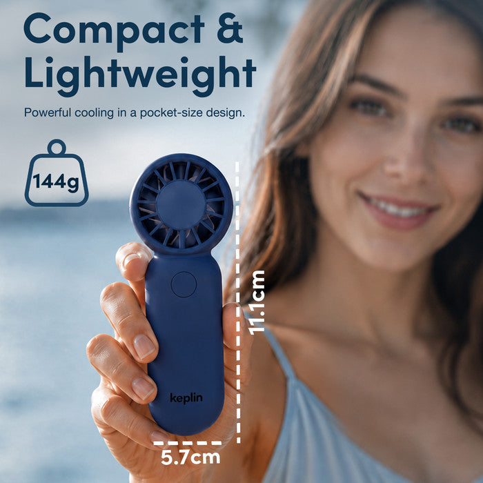 Woman holding KEPLIN compact handheld fan showing 11.1cm pocket size and 144g lightweight design