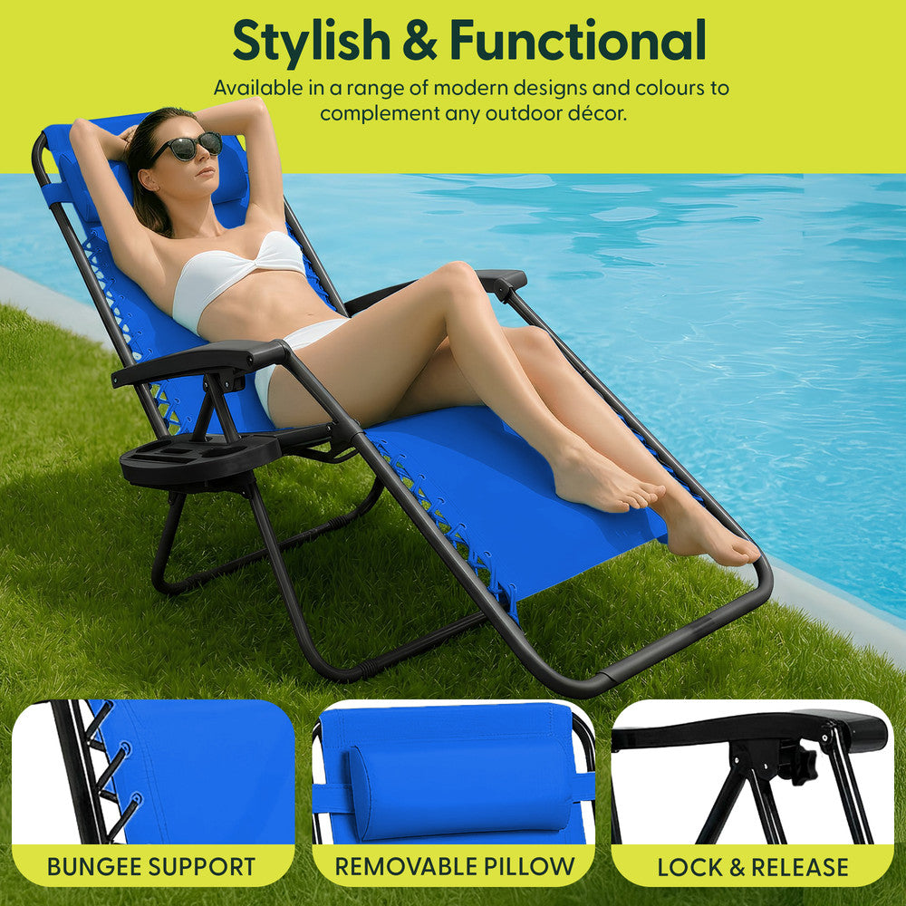 KEPLIN Set of 2 Heavy Duty Monocolour and Basic Textoline Zero Gravity Chairs for Garden Light Reclining Patio Sun loungers Easy to Clean Adjustable Head Rest Foldable with Cup & Phone Holder